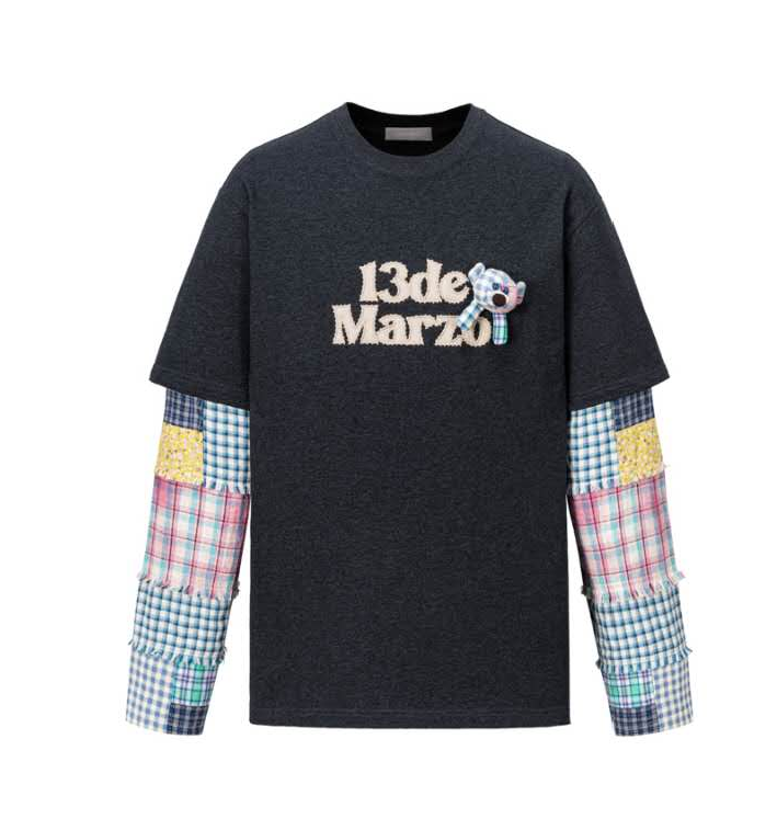 13DE MARZO 2133 BEAR PLAID SLEEVE T-SHIRT BLACK