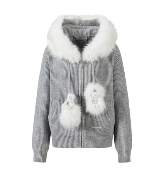 13DE MARZO MZ2613002 POM-POM BEAR FUR COLLAR KNIT SWEATER GREY