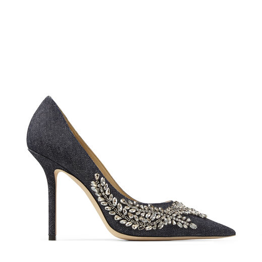 JIMMY CHOO LOVE 100 DJK 204 DENIM CRYSTAL EMBROIDERY PUMPS